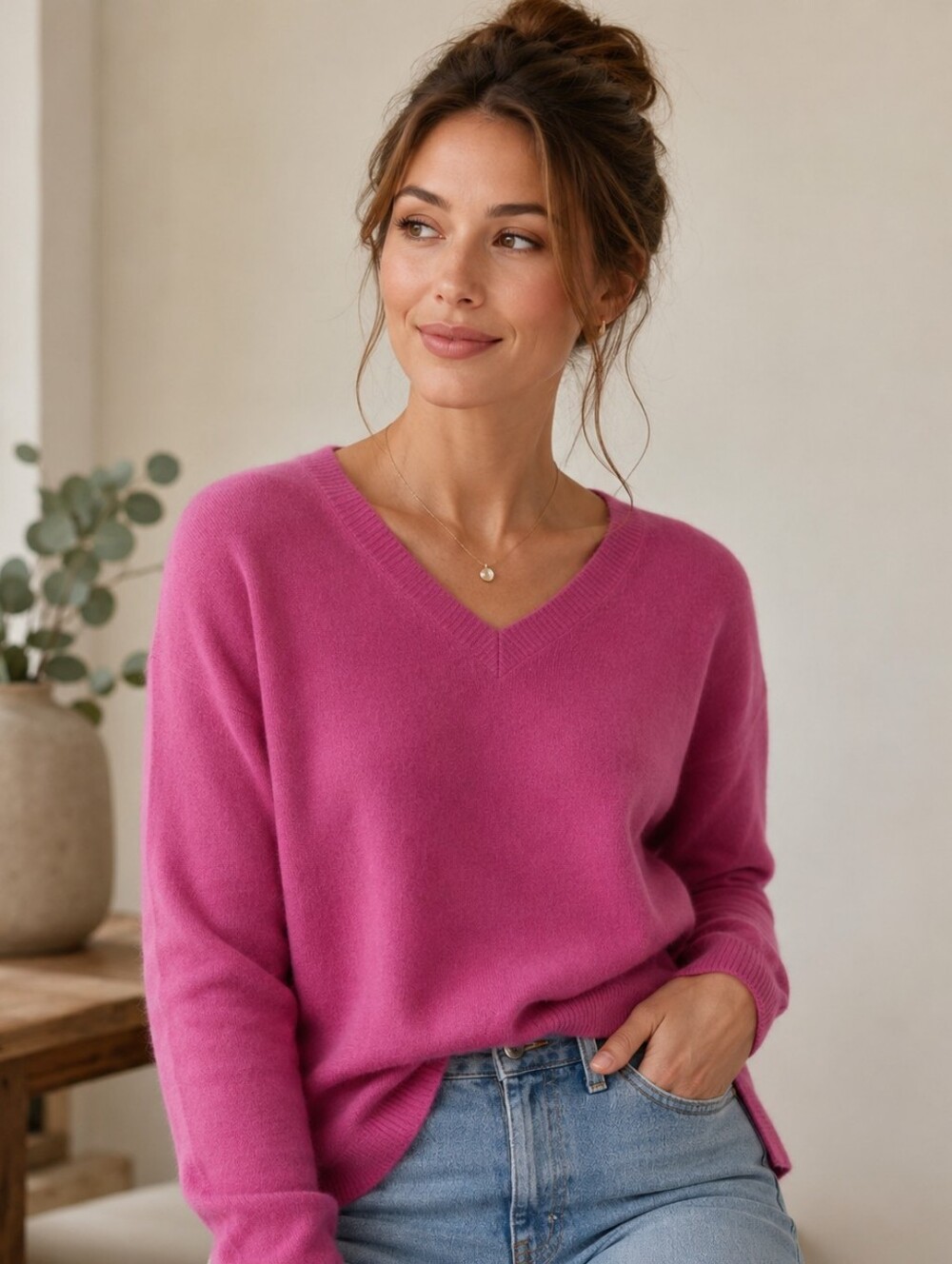 TAHARI 100% Cashmere Dusty Rose V-Neck Sweater | M